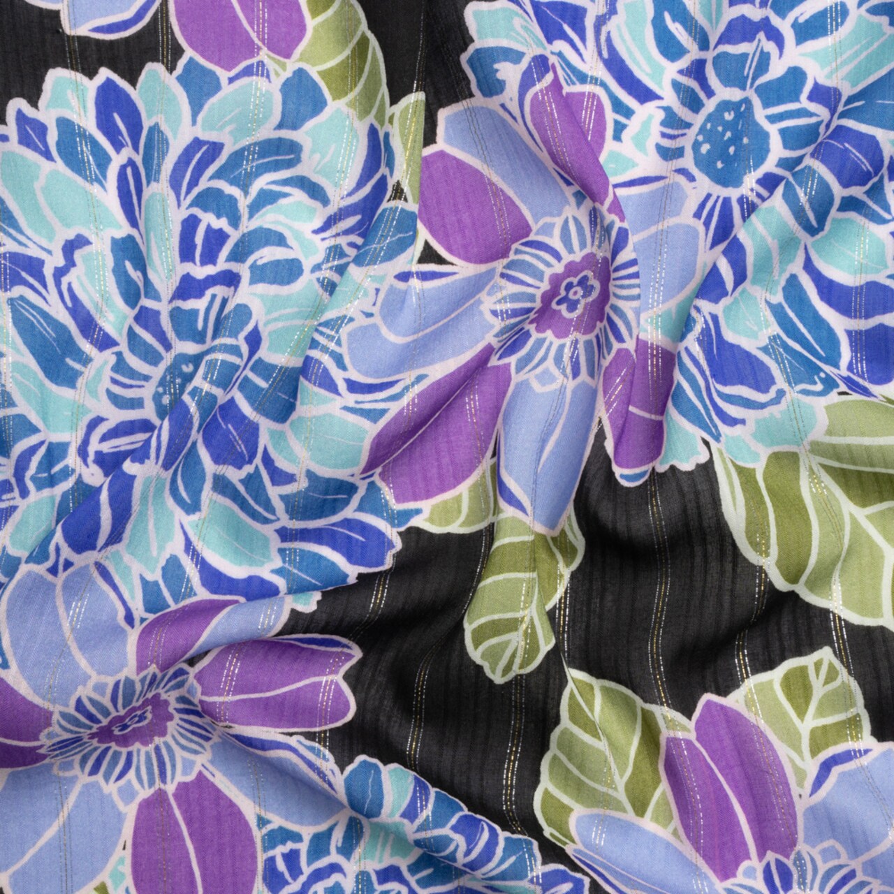 1 Yard Black Grateful Gardener Metallic Pinstriped Viscose Dobby Fabric Floral and Stripes 59 inch Width